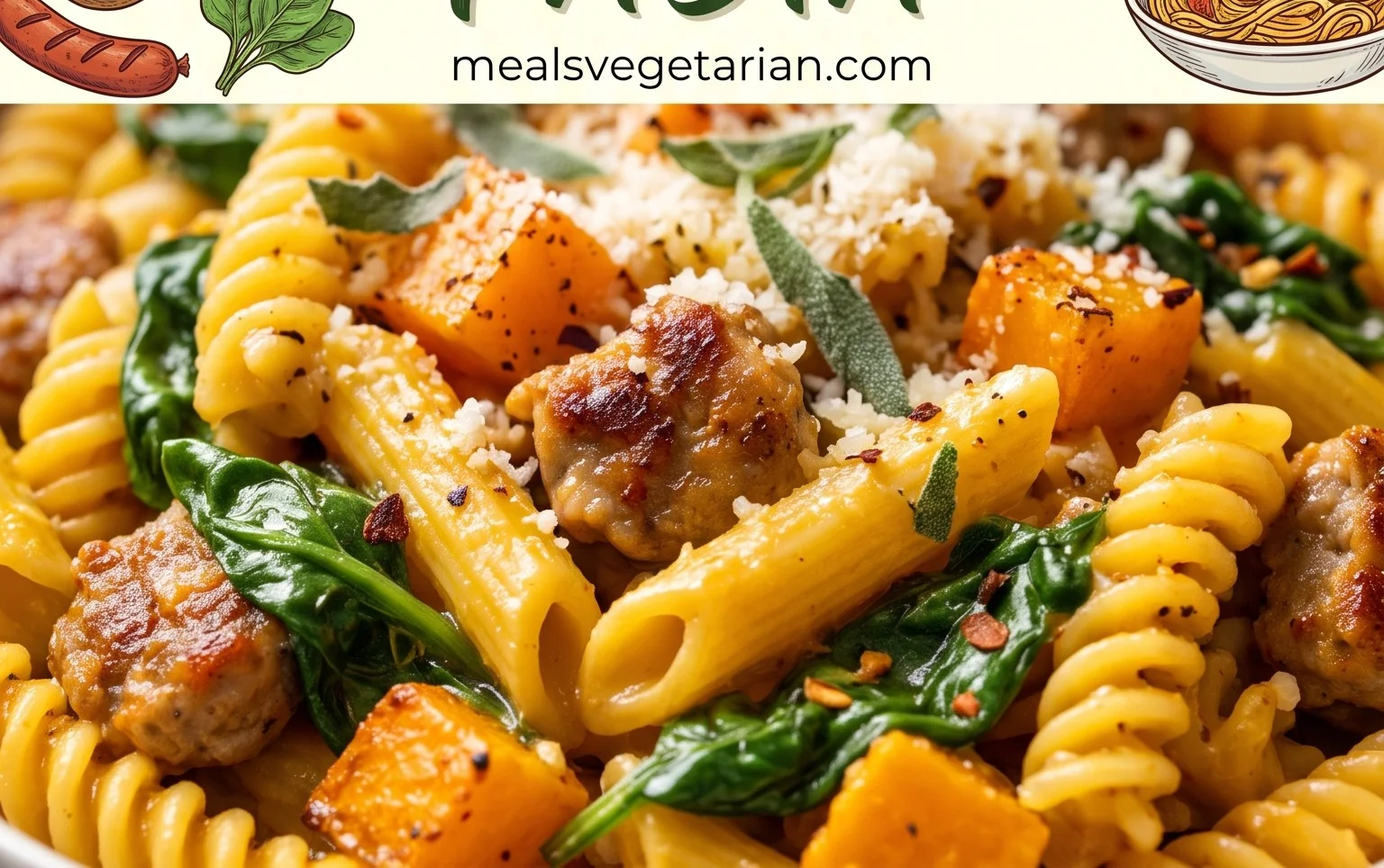 Creamy Roasted Butternut Squash Pasta with Sausage and Spinach